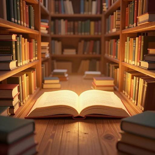 Photograph of a warmly lit library aisle with open book casting light, surrounded by wooden bookshelves filled with colorful books.