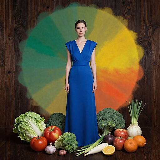 Photograph of a woman in a blue dress standing against a colorful, abstract green-yellow-orange background, surrounded by fresh vegetables and fruits.