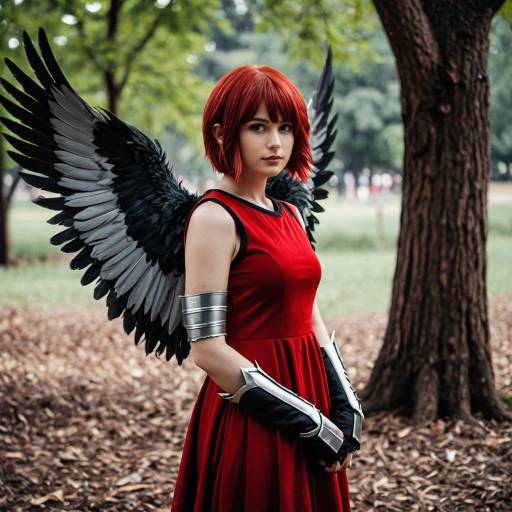 Cosplay of Girl with Black Feathered Wings in Red Dress