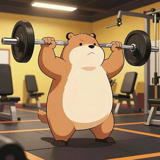 Cartoon brown bear with a white belly lifting a barbell in a brightly lit gym, standing on a black rubber mat.