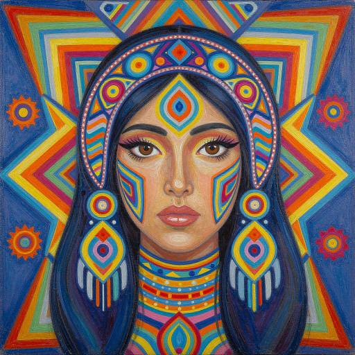 Vibrant digital portrait of a woman with long black hair, adorned in colorful geometric tribal headpiece and jewelry, set against a starburst background.
