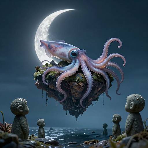 Digital artwork of a glowing moonlit night featuring a large, pink and blue octopus with outstretched tentacles hovering above a floating island, surrounded