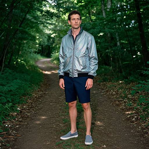 Photograph of a young man standing on a forest path, wearing a silver bomber jacket, black shorts, and gray sneakers, surrounded by dense green foliage