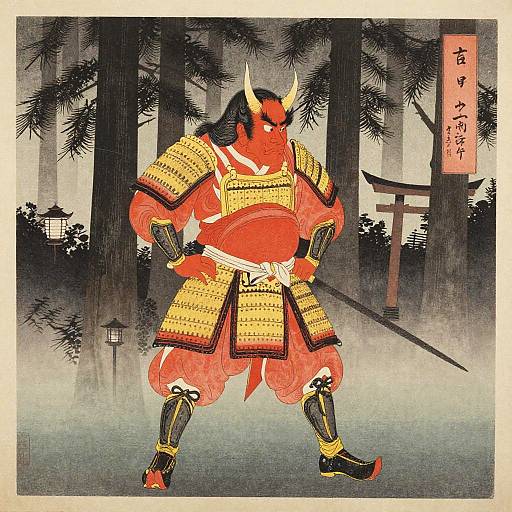 Traditional Japanese woodblock print of a red-skinned, horned oni warrior in gold armor, standing in a forest with a torii gate.