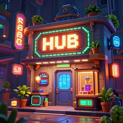 Neon-lit, cyberpunk-style 