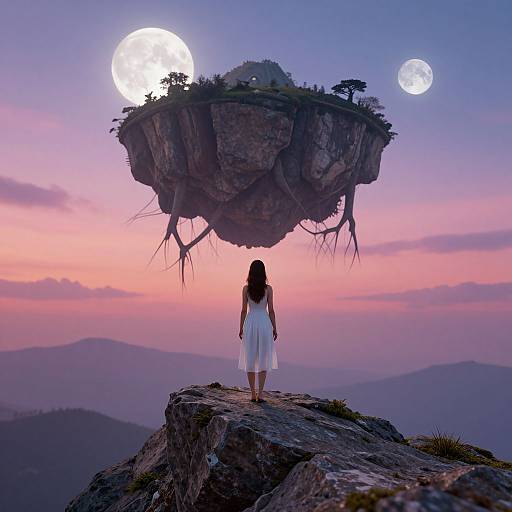 Digital art: Woman in white dress stands on rocky cliff, gazing at floating island with trees, under dual full moons in pink-purple twilight sky.