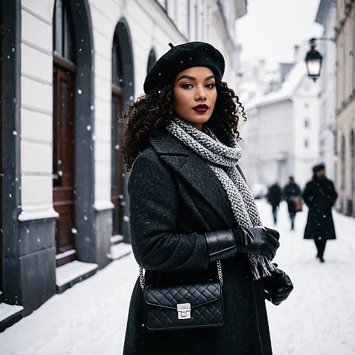 Stylish Woman in Winter Street Fashion in Snowy City