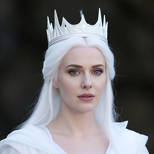 Photograph of a fair-skinned woman with long white hair, wearing a silver crown and white gown, set against a dark background.