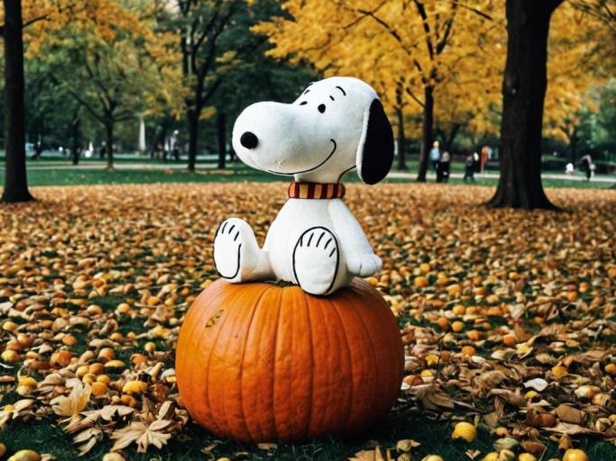 Snoopy Plush on Pumpkin in Autumn Park