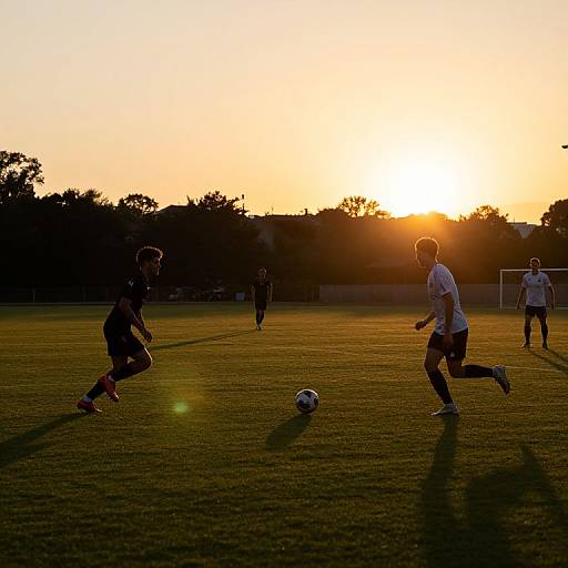 Photograph of silhouetted male soccer players on a grass field at sunset, chasing a ball, with a bright orange sky and trees in the