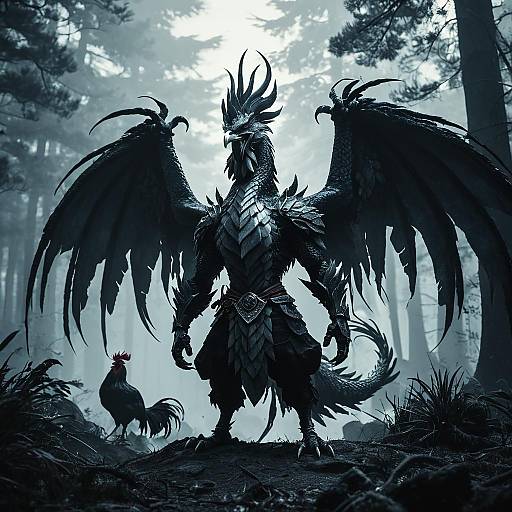 Dragon-Rooster Hybrid in Misty Forest