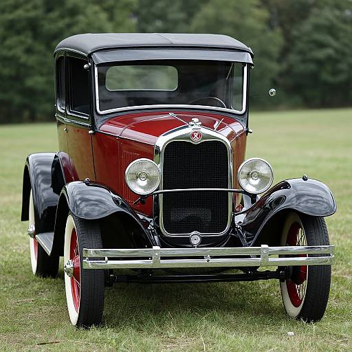 Photograph of a classic vintage red and black car with white-walled tires, chrome grille, and headlamps, parked on a grassy field
