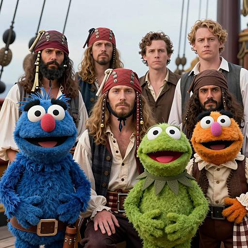 Group of Pirates with Muppet Characters on Ship