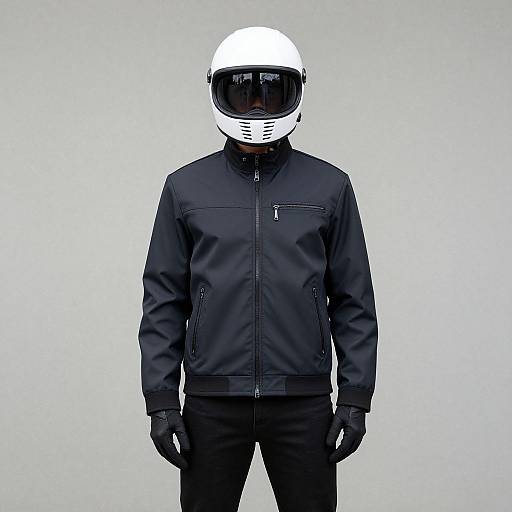 Photograph of a person in a black jacket, black pants, white helmet, and black gloves, standing against a plain white background.