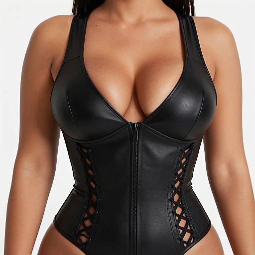 Photograph of a woman's torso in a black, leather, deep V-neck corset with lace-up sides, emphasizing her large breasts and toned physique