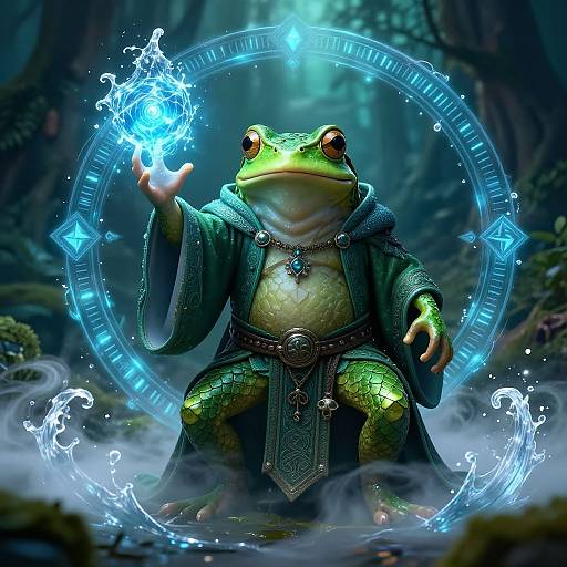 Digital art of a green frog wizard in a forest, wearing a dark green robe, casting a blue magical spell with a glowing orb.