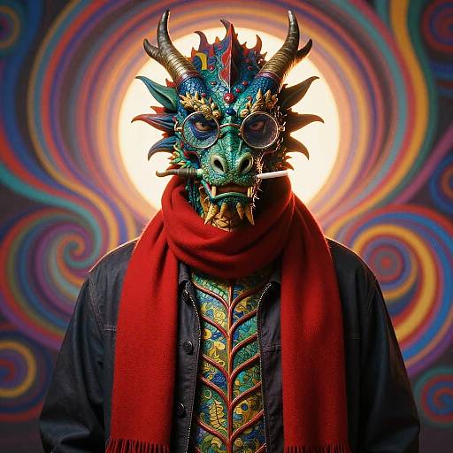 Stern Dragon Portrait with Glasses and Red Scarf