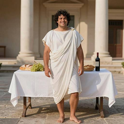 Photograph of a curly-haired man in a white Roman toga standing barefoot in front of a table with grapes, bread, and wine, under
