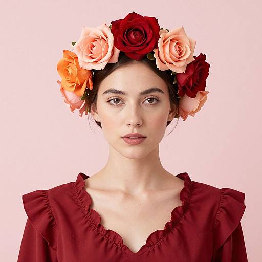 Photograph of a fair-skinned woman with brown eyes, wearing a red floral crown with red, orange, and peach roses, and a deep red