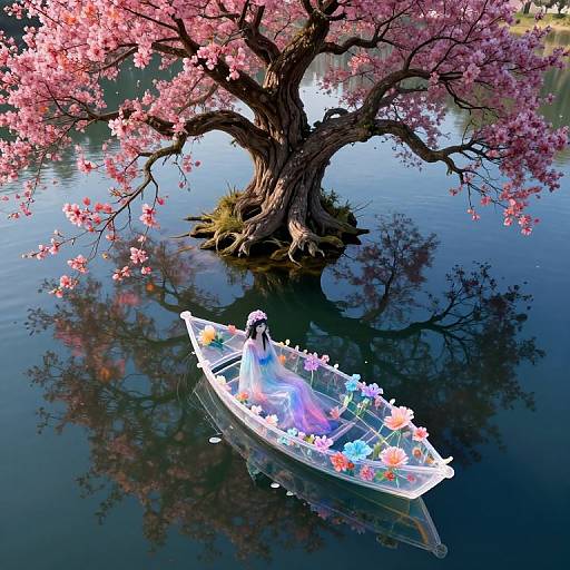 Digital artwork of a glowing, ethereal woman in a flower-adorned boat beneath a blooming cherry blossom tree reflected in calm water.