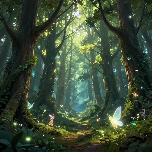 Digital fantasy forest scene with glowing butterflies, luminescent light filtering through towering trees, and vibrant green foliage. Magical, ethereal atmosphere.