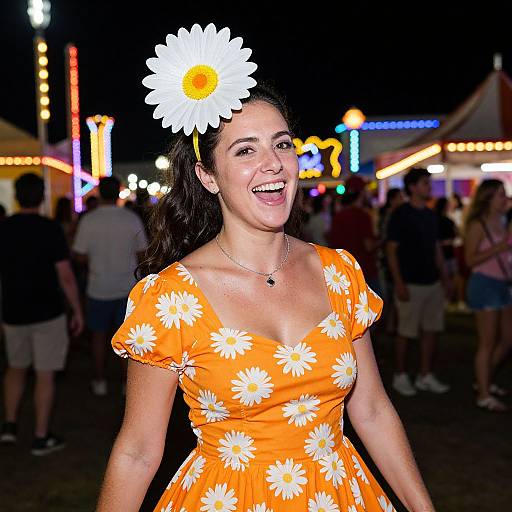 Photograph of a smiling woman with dark hair wearing an orange dress with white daisy flowers, and a large daisy headpiece, at a vibrant