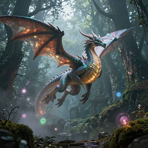 Iridescent Dragon Flying in Misty Forest