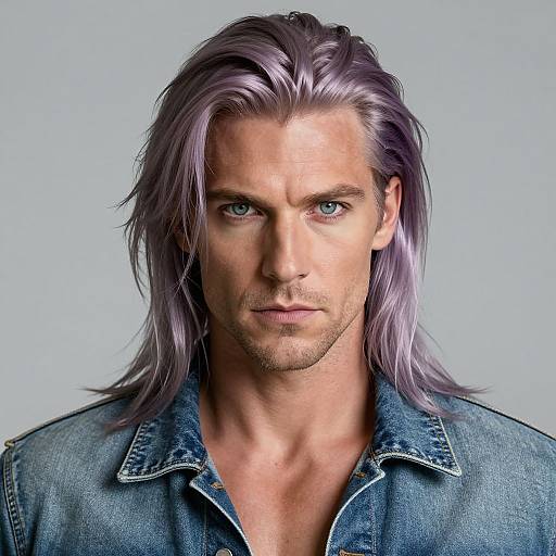 Photorealistic digital portrait of a muscular, handsome man with long, silver-purple hair, blue eyes, and a serious expression, wearing an unbutton