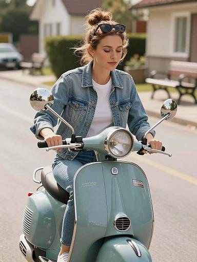 Woman Riding Vintage Scooter in Residential Area