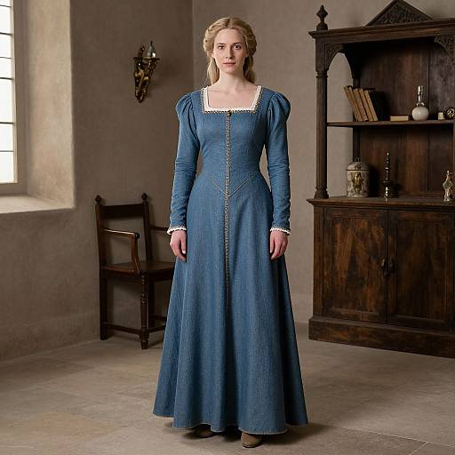 Photograph of a blonde woman in a blue, long-sleeved, Victorian-style dress with white trim, standing in a dimly lit, antique