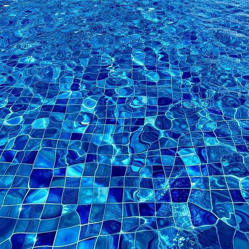 Photograph of a pool's blue-tiled surface, with sunlight creating reflective, wavy patterns across the square tiles.