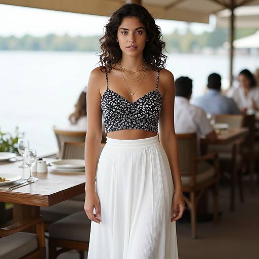 Photograph of a curly-haired woman in a black floral crop top and white high-waisted skirt, standing outdoors by a waterfront restaurant.