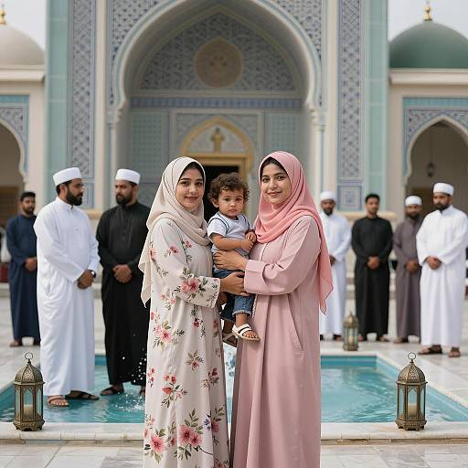 Muslim Women with Child at Ornate Mosque