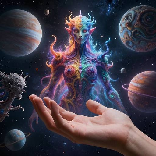 Digital art of a colorful, ethereal alien with fiery hair and intricate patterns, standing in space, with planets and a hand offering in foreground.