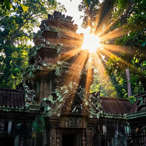 Photograph of an ancient, moss-covered Hindu temple with intricate carvings, sun rays bursting through dense forest canopy, creating a radiant, ethereal