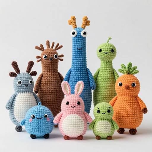 Photograph of colorful, crocheted, cartoon-style animals with simple faces, standing in a row against a white background. Includes blue, brown,