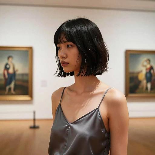 Photograph of an Asian woman with black bob haircut, wearing a silky grey spaghetti-strap top, standing in an art gallery with two classical paintings on