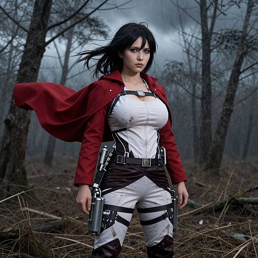 Digital artwork of a fierce, dark-haired woman in a red jacket, white bodysuit, and black pants, standing in a gloomy forest with