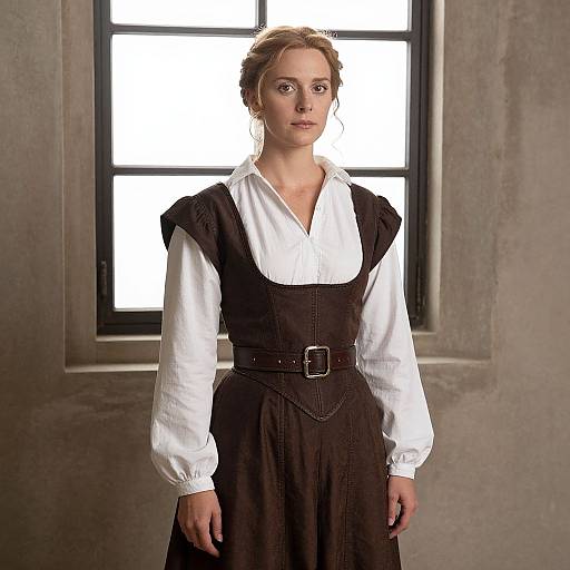 Photograph of a young woman with fair skin and blonde hair, wearing a white blouse and brown pinafore dress, standing in front of a sun