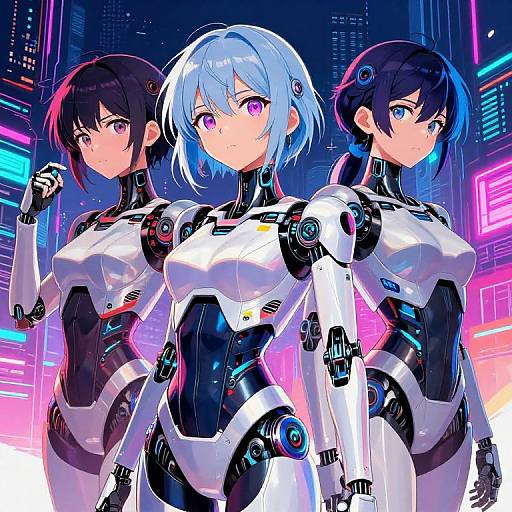 Digital anime-style artwork of three female cyborgs with white and black armored bodysuits, neon cityscape background, and glowing purple eyes.