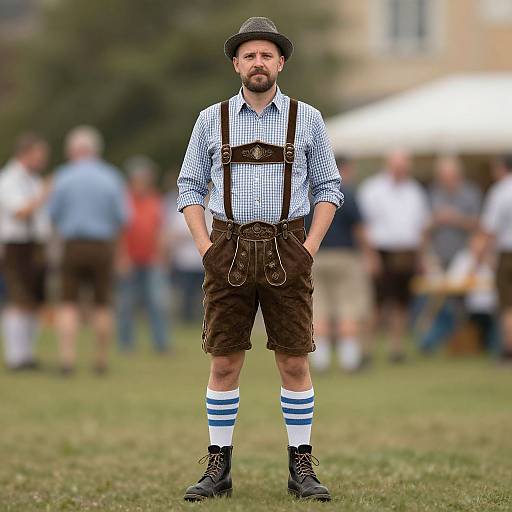 Photograph of a bearded man in traditional Bavarian attire: checkered shirt, brown shorts, suspenders, striped socks, black boots, and