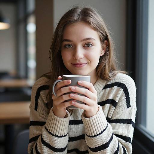 Photograph of a young woman with light brown hair, blue eyes, and fair skin, wearing a white striped sweater, holding a white mug, sitting