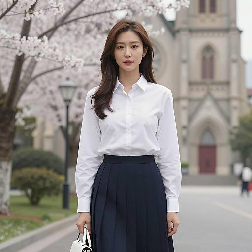 Asian Woman in White Shirt and Pleated Skirt by Cherry Blossoms