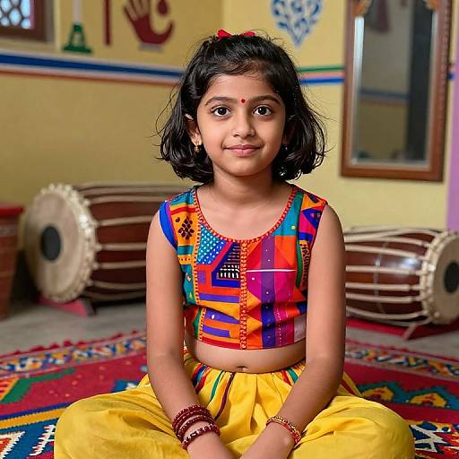 Photograph of a young Indian girl with dark hair, wearing a colorful geometric-patterned top and yellow pants, sitting on a patterned rug in a