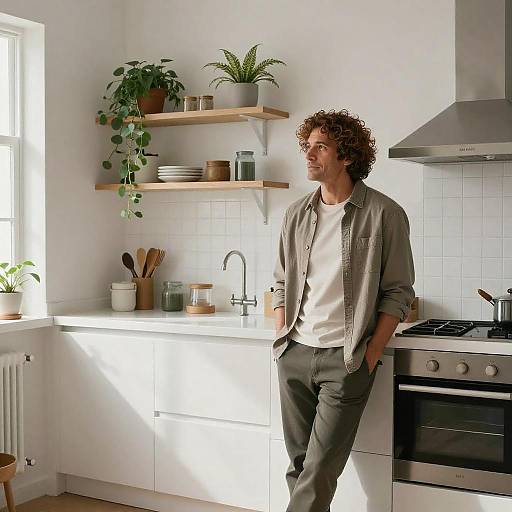 Photograph of a curly-haired man in a gray shirt and pants, standing in a bright, modern kitchen with white cabinets and shelves, natural light,