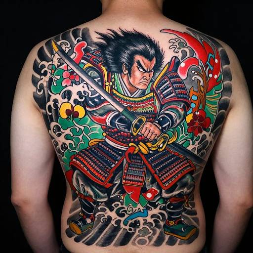Photograph of a man's back featuring a vibrant, colorful Japanese-style samurai tattoo with waves, red dragon, and traditional armor.