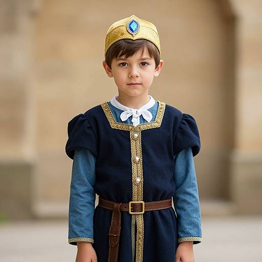 Photograph of a young boy with fair skin, dark hair, wearing a gold crown with blue gem, blue and navy medieval-style dress, white collar