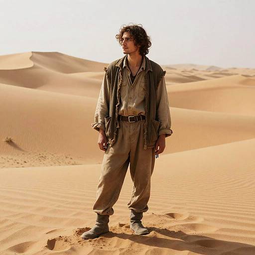 Photograph of a rugged, curly-haired man in dusty, worn clothes standing in a sunlit, vast desert with rippled sand dunes.