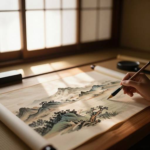 Photograph of a hand painting intricate mountain landscape in traditional Japanese style, lit by sunlight through wooden shoji screens.