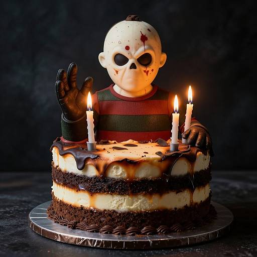 Photograph of a horror-themed cake featuring a skull-faced, child-like figure in a red-and-green striped shirt, holding three lit candles, atop a